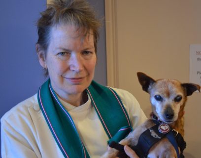 Rev Barbara Allen with her elderly rescue dog, Rosa